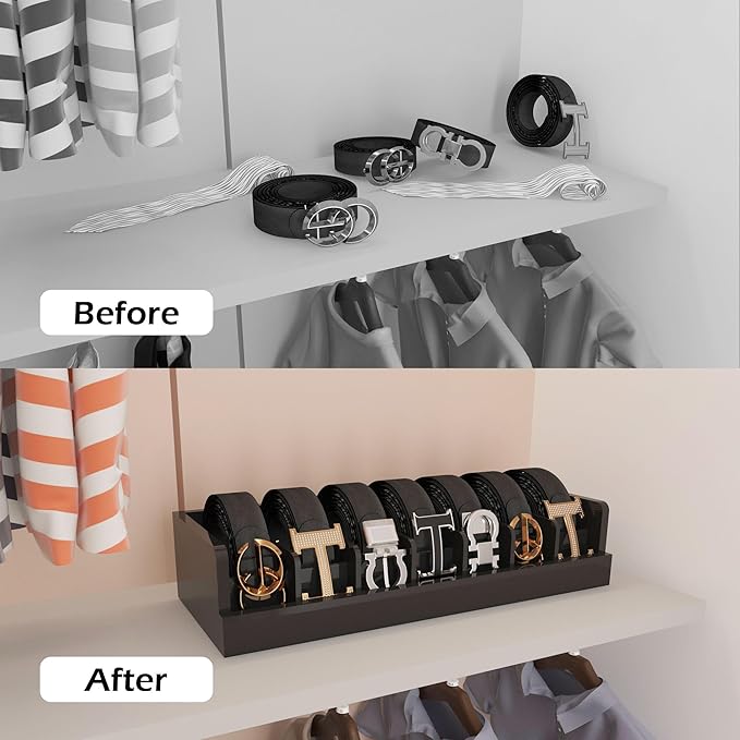 Bamboo Belt Storage Organizer Box - Belt Organizer for Closet | Wooden Belt Tie Hanger Racks for Men Women Drawer | Belt Display Holder Wall Mount with 2 Pcs Tie Clip (Black, 2 7GRIDS)