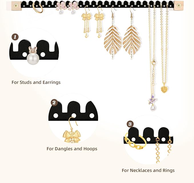Earring Organizer Wall Mounted 2 Pack Earring Holder Hanging Jewelry Organizer Display for Stud/Hoop/Dangle Earring Necklace Bracelet Ring,Black