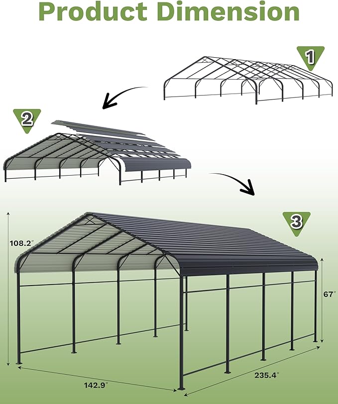 Patiowell 12'x20' Metal Carport, Heavy Duty Carport Canopy with Reinforced Frame and Galvanized Steel Roof, All-Weather Outdoor Car Shelter for Car, Truck, Boat and Tractor, Black