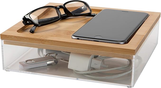 Simplify Large Square Bamboo Organizer | See-Through | Jewelry | Makeup | Cosmetics | Accessories | Bathroom & Bedroom | Vanity & Countertop | Lidded Boxes | Super Clear