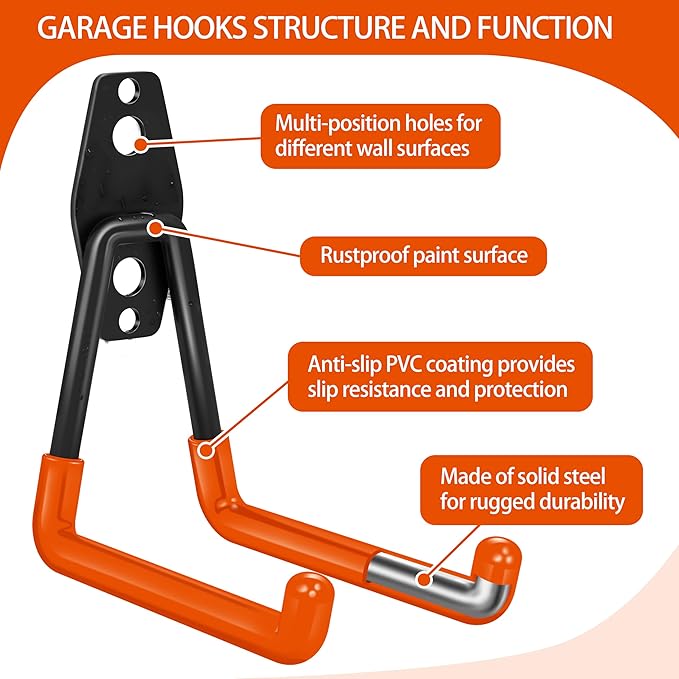28 Pack Garage Hooks Heavy Duty - Garage Storage and Organization Ladder Hooks with Non Slip PVC Coating for Hanging Bike，Ladder，Garden Tools，Hose