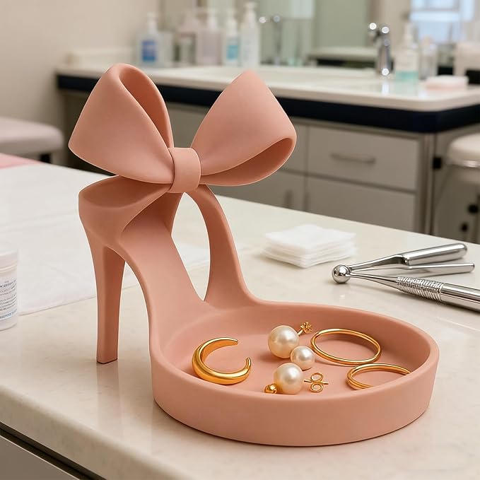 3D Printed High Heel Jewelry Holder & Organizer Tray With Elegant Bow Decor-Ring Display Stand, Earring, Bracelet Holder For Vanity, Desk Top, Dresser - Unique Home Decor Gift For Women (Pink)
