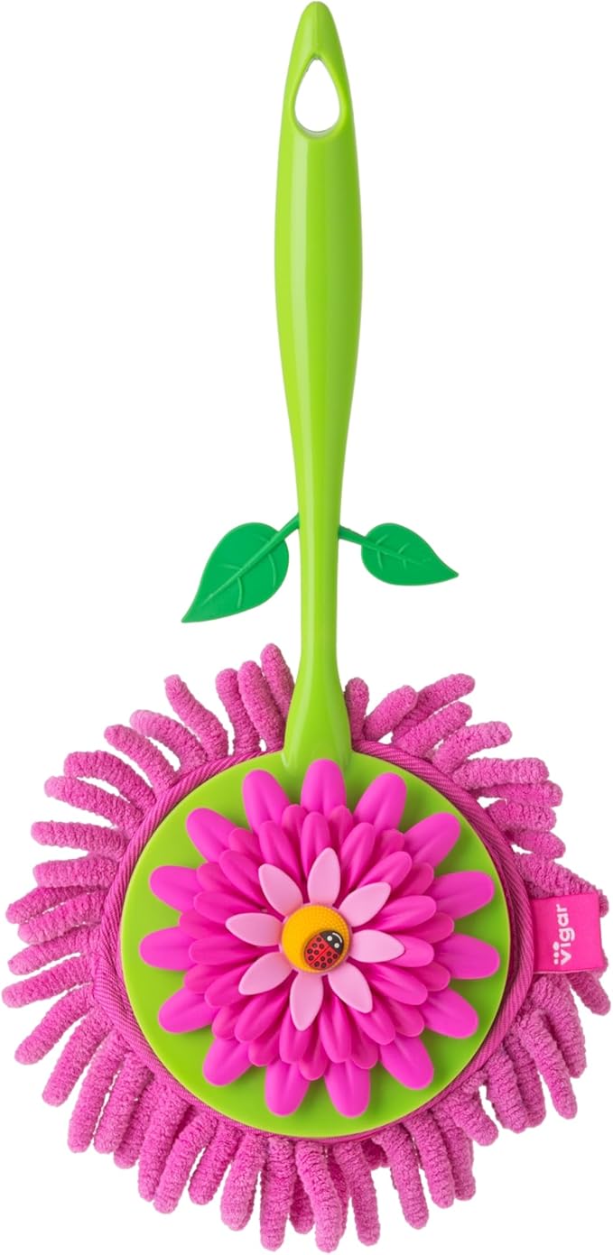 Vigar Flower Power Microfiber Duster with Comfortable Non-Slip Handle, Detachable Washable Duster Head, Green and Pink
