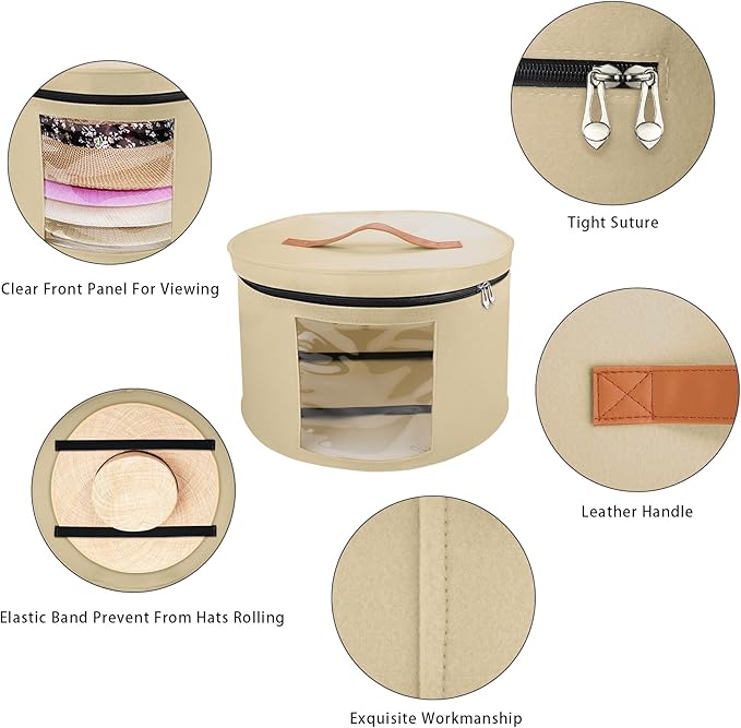 Large Hat Storage Box for Women & Men, 16" D x 10" H Hat Box Organizer，Foldable Round Travel Hat Boxes with Dustproof Lid, Stuffed Toy Storage Bin Bag (Milk Coffee)