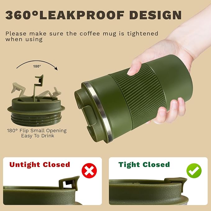 Vacuum-Insulated Stainless Steel Travel Coffee Mug, Leak-Proof Reusable Coffee Cup with Lid - Keep Hot & Cold Drinks for Hours, Durable Insulated Tumbler for Men & Women(3rd-Green, 17OZ)