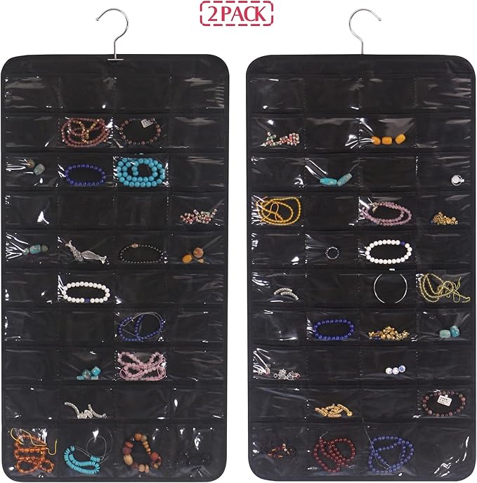 DIOMMELL 2 Pack Hanging Jewelry Organizer with 80 Pockets Jewelry Storage for Earrings Necklace Bracelet Ring Accessory, Black