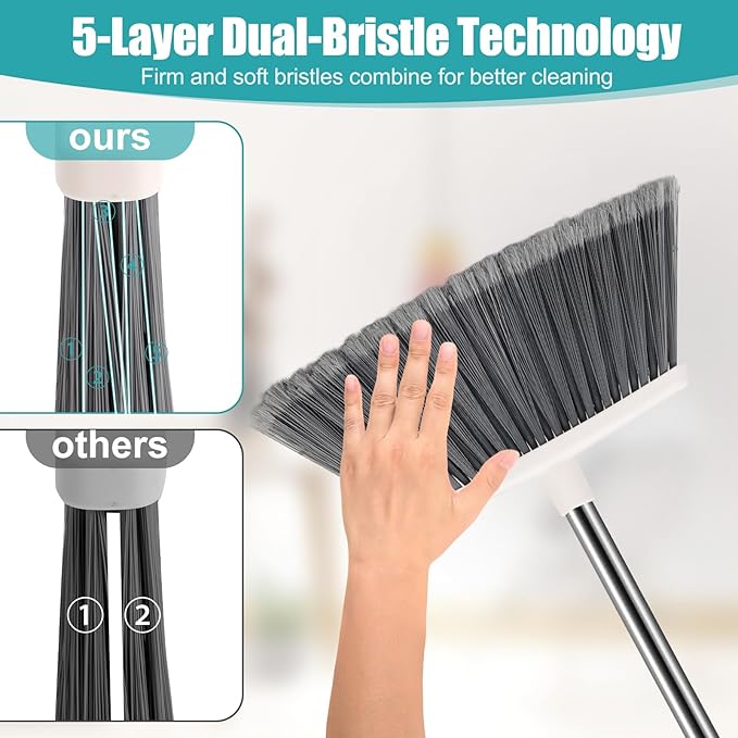 Upgrade Broom and Dustpan Set, Silicone Broom,Long Handle Broom with Upright Standing Dustpan, Squeegee - Broom for Indoor Cleaning 2+1,for Indoor Outdoor,Smooth Floors, Rugs (Grey-White)