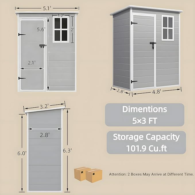 Gizoon 5x3 FT Resin Outdoor Storage Shed, Weather-Resistant Plastic Garden Tool Shed with Floor and Lockable Door for Backyard, Patio, Lawn, Grey