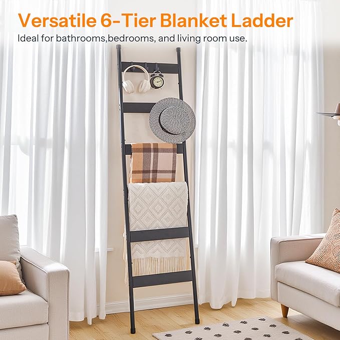 HOOBRO Blanket Ladder, 6-Tier Towel Rack with Hooks, Wall-Leaning Blanket Rack, Decorative Display Ladder Shelf, Scarves, Industrial, Living Room, Bedroom, Black BB66CJ01