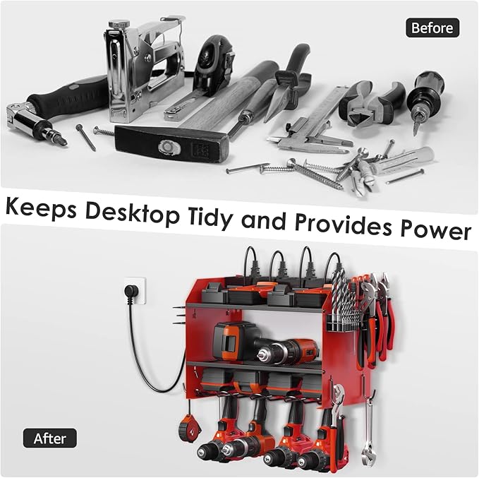 CCCEI Modular Power Tool Organizer Wall Mount with Charging Station. Garage Drill Storage Shelf with Hooks, Heavy Duty Rack, Tool Battery Holder Built in 8 Outlet. Gift for Men. Red, 1 Pack.