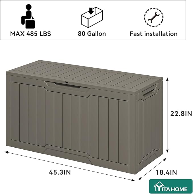 YITAHOME 80 Gallon Resin Deck Box, Outdoor Lockable Storage Box for Patio Furniture, Waterproof Patio Deck Box for Cushions, Pool Supplies, Sports Equipment and Garden Tools, Taupe