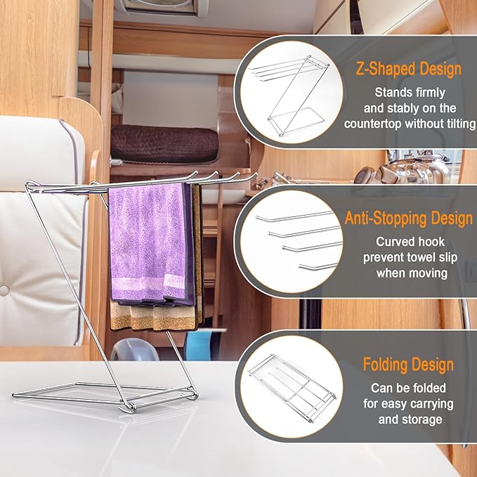 Kitchen Towel Holder, 4-Arm Kitchen Towel Rack for Drying Dishcloths Hand Towels, Foldable Free Standing Hand Towel Holder for Countertop Bathroom Kitchen Organization RV Essentials, 2 Pack