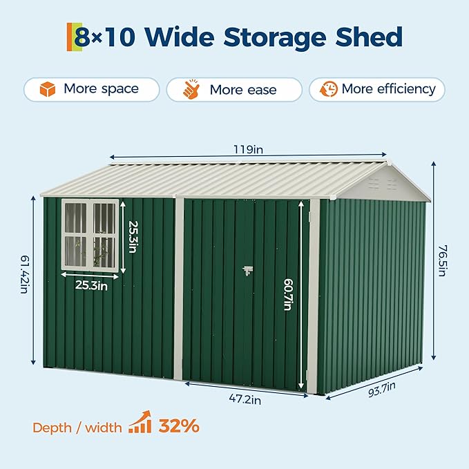 8x10 FT Outdoor Storage Shed,450CU.T Metal Tool Shed with Clear Window, Lockable Doors,Large Garden Storage Box with Sloping Roof，Sheds&Outdoor Storage for Backyard Garden Patio Lawn, Green