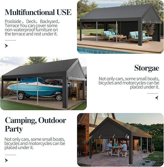 Shintenchi 12x20 FT Heavy-Duty Design Carport,Portable Garage Canopy,Carport Canopy with Side-Opening Removable Door & Roll-Up Window,Portable Car Port for Car, Truck, Boat,Grey