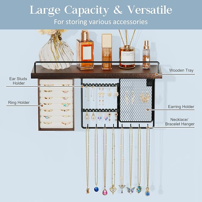 Lolalet Wall Mounted Hanging Jewelry Organizer with Wood Shelf, Wall Jewelry Holder with Hooks for Ring Earring Bracelets Necklaces Display -Brown