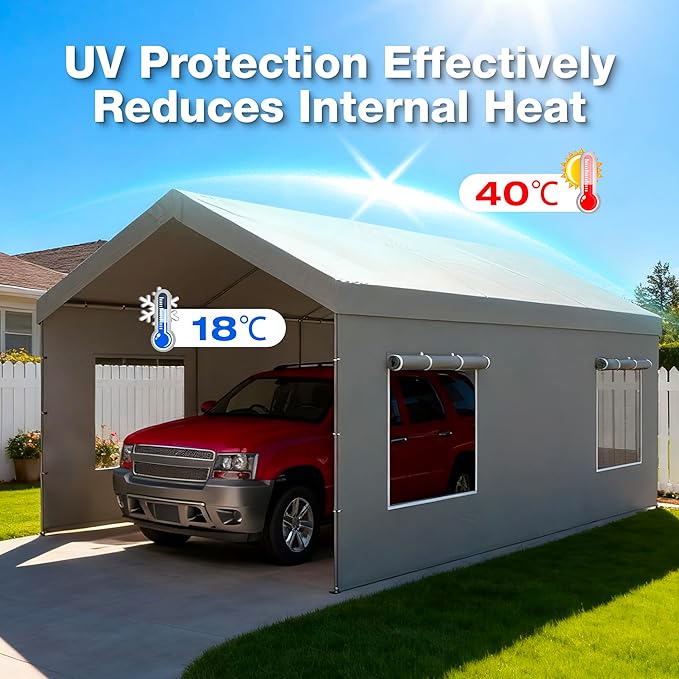 Carport Canopy Replacement Sidewall 20x6.6 FT Fits 10x20, 12x20, 20x20 FT Carport with Roll-up Windows, Waterproof & UV Protected, Easy Assembly with Ball Bungees, Grey (Sidewalls Only, 2 Pack)