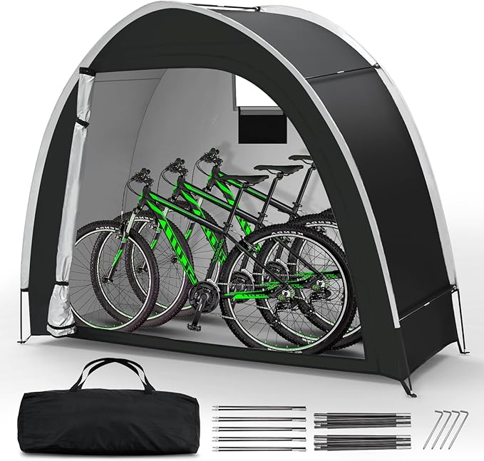 Bike Storage Tent for Outdoor, 2-3 Bike Capacity with Extra Top Space, PU5000 Waterproof 210D Oxford Fabric with Taped Seams, Portable Floor Storage Shed for Bicycle, Motorcycle & Garden Tools, etc
