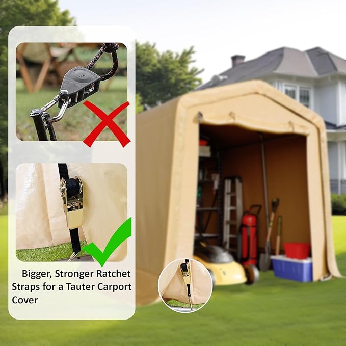CHARMELEON 8x8FT Heavy Duty Outdoor Storage Shelter,Portable Garage Shelter for Garden Tool Motorcycle Bike,All-Steel Metal Frame Storage Tent with Dual Doors & Thickened Fabric (Khaki)