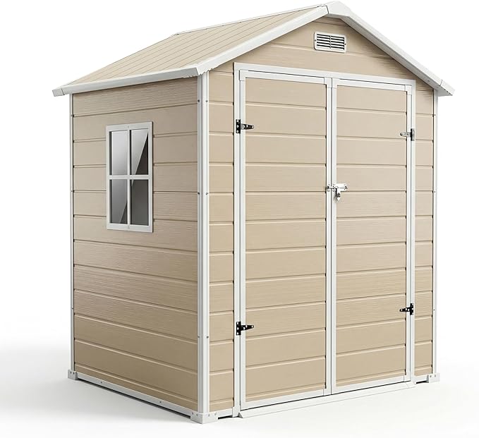 6x4 FT Outdoor Storage Shed with Floor, Plastic Resin Garden Shed with Window & Sloping Roof & Lockable Door for Patio Backyard Garden, Lawn Mower, Bike, Tool Storage