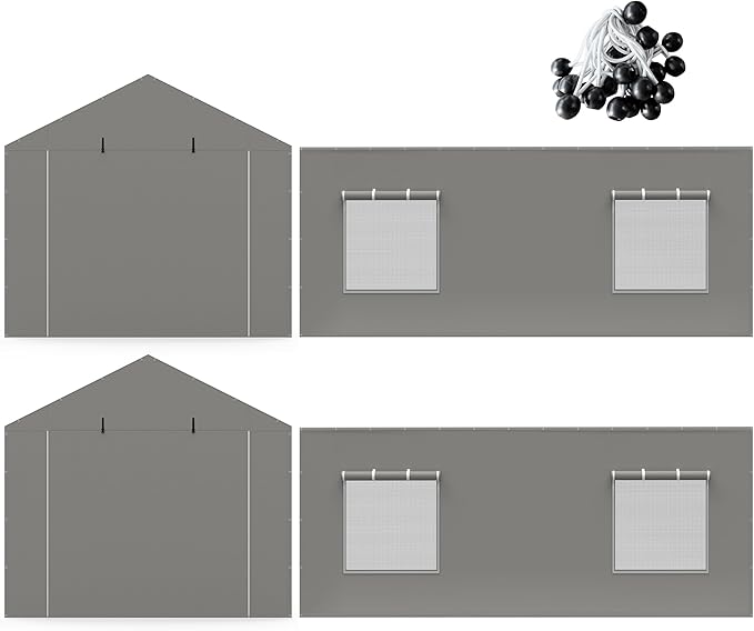 2 Pack Carport Canopy Replacement Sidewalls with Roll-up Windows, 2 Pack Zipper Doors for 12x20FT, Waterproof & UV Protected, Easy Assembly with Ball Bungees, Grey (Frame and Top Cover Not Included)