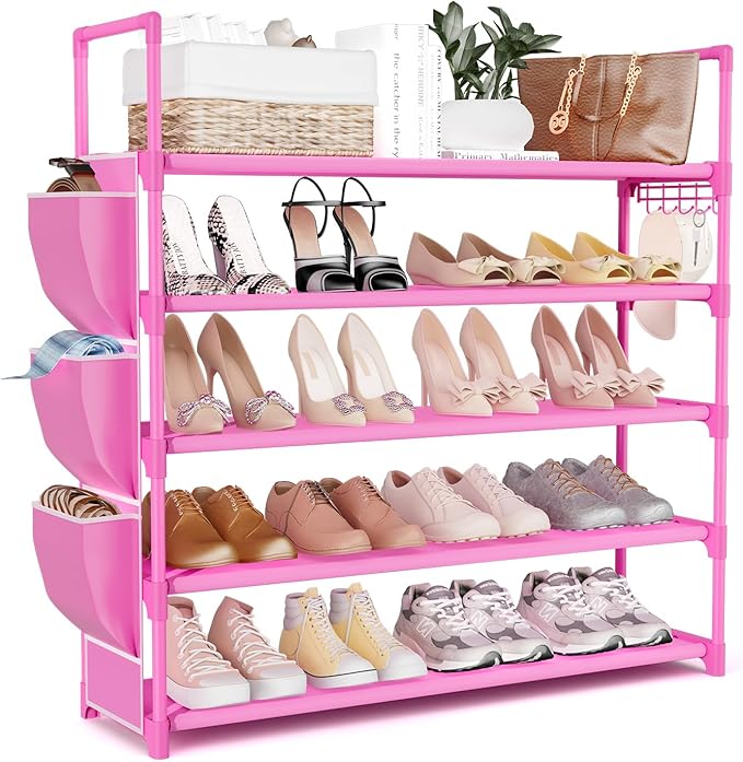 Shoe Rack for Closet Shoe Organizer Space Saver Storage for 20-25 Pair Shoe Shelf with Hook and Side Pocket Free Standing 5 Tier Shoe Rack Organizer for Entryway,Small Spaces, Pink