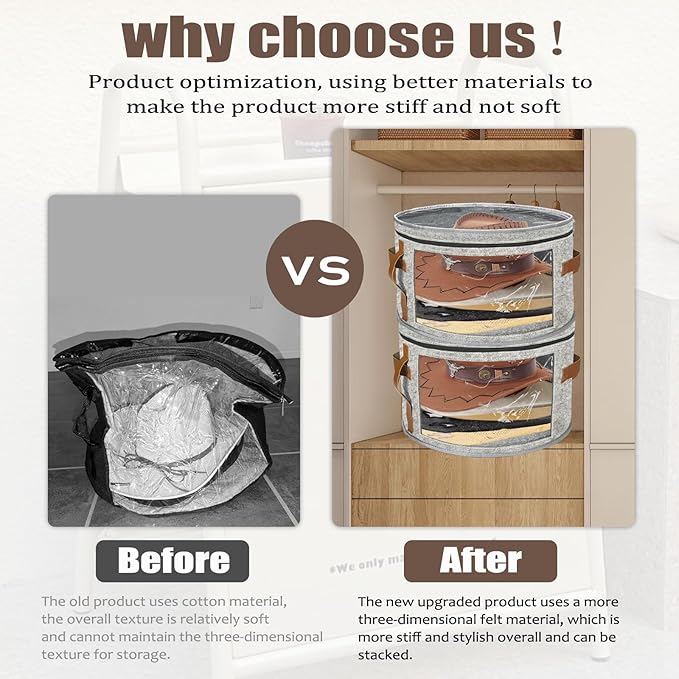 STARGAZ Hat Organizer Box, Stackable Hat Box for Women Storage, Large Felt Cowboy Hats Storage Boxes, for Straw Hats, Baseball Cap for Men With Clear Dust Proof Lid, for Closet (Light Gray)