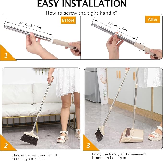 Broom and Dustpan Set with Long Handle, Light Weight Stainless Steel Poles Stand Upright Dustpans with Broom Combo for Home Kitchen Office Pet Dog Hair, Brown & Beige Color, 1-Pack