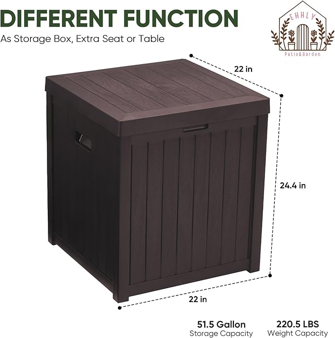 EHHLY Deck Box, 51 Gallon Front Porch Package Bin Delivery Box for Outside, Small Patio Outdoor Storage Boxes Waterproof, UV Resistant Plastic Resin Pool Storage Bins with lids, Brown