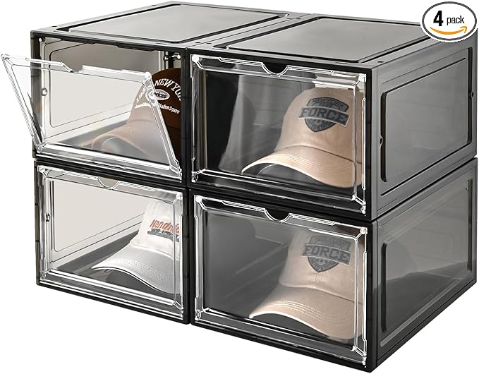 Hat Organizer Box,Stackable Clear Baseball Caps Holder Box Containers with Magnetic Door for Hats Snapback Cap Storage,Clear Hat Storage with Magnetic Door, Holds 40 Hats (black clear, 4 pack)