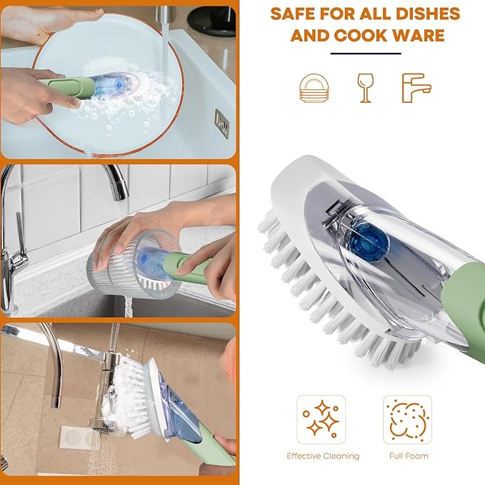 RIMAY Dish Brush with Soap Dispenser, Dish Washing Brush with Handle, Soap Dispensing Dish Brush, Soap Brush for Kitchen Sink, Dish Wand Kitchen Brushes for Dishes/Pans/Pots/Sink (Green)