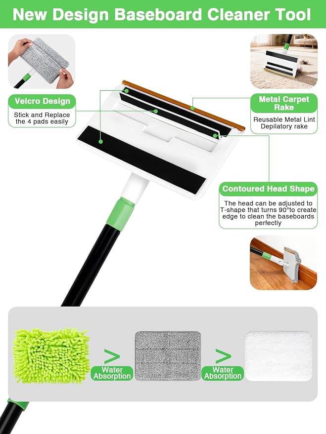 4-in-1 Baseboard Cleaning Tool with Handle 5 Reusable Pads 1 Stiff Bristle Brush Carpet Rake for Pet Hair Removal Baseboard Cleaner Carpet Windows Wall Floor Bathroom Kitchen