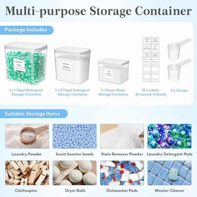 Lifewit Laundry Pods Container with Pop-up Lid, Detergent Dispenser, Dryer Sheet Holder, Laundry Room Organization Storage Jars for Washing Powder, Soap, Scent Booster Beads,0.5+0.72+1.2gal, 3 Pcs