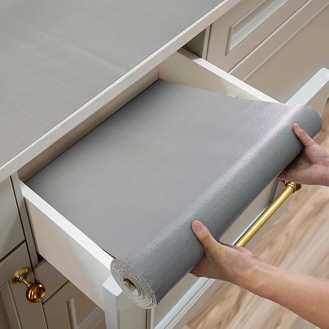 Shelf and Drawer Liner for Kitchen Cabinets Non-Adhesive, Strong Grip Non-Slip Thickened Cabinet Liners for Shelves, Waterproof Mats for Dresser Cupboard, Pure Gray, 17 in x 10 Feet