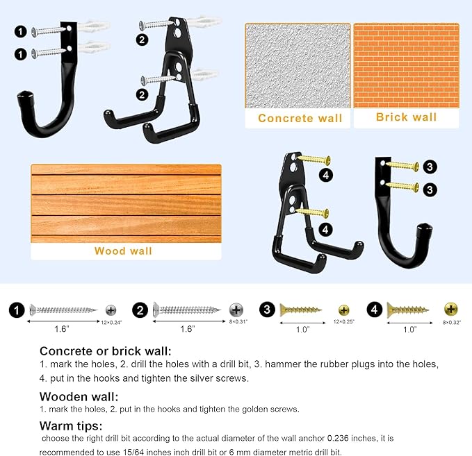 Heavy Duty Wall Garage Hooks, Steel Anti-Slip Utility Hooks Storage Organization Hangers for Ladders, Bikes, Hose, Garden Tools, Coats, Bags with Mounting Hardware Kit (Black, 10 Pack)