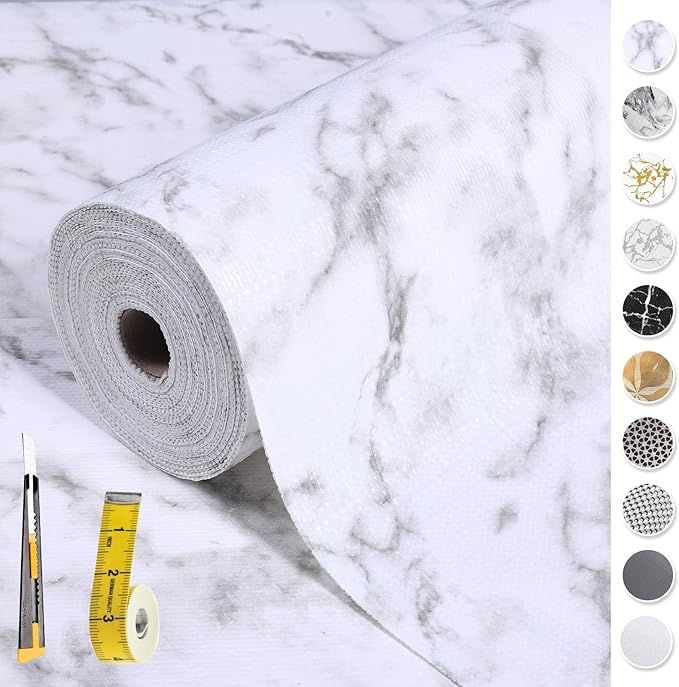 Drawer and Shelf Liner for Kitchen Cabinet: 17.3 in X 39.37Ft Non Slip Waterproof Shelf Paper Non Adhesive Refrigerator Liners White Marble Easy Liners for Bathroom with Knife Tape Measure