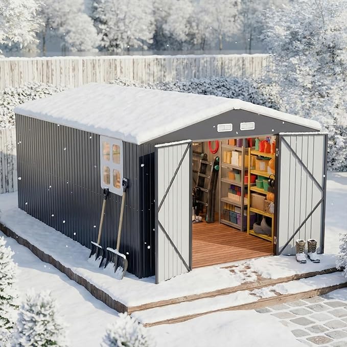 10x16 FT Metal Outdoor Storage Shed with Unique Floor Base Clear Roof Window Lockable Double Door Vent Heavy Duty Reinforced Frame Waterproof Sheds for Garden Large Lawnmower Tool,Dark Grey