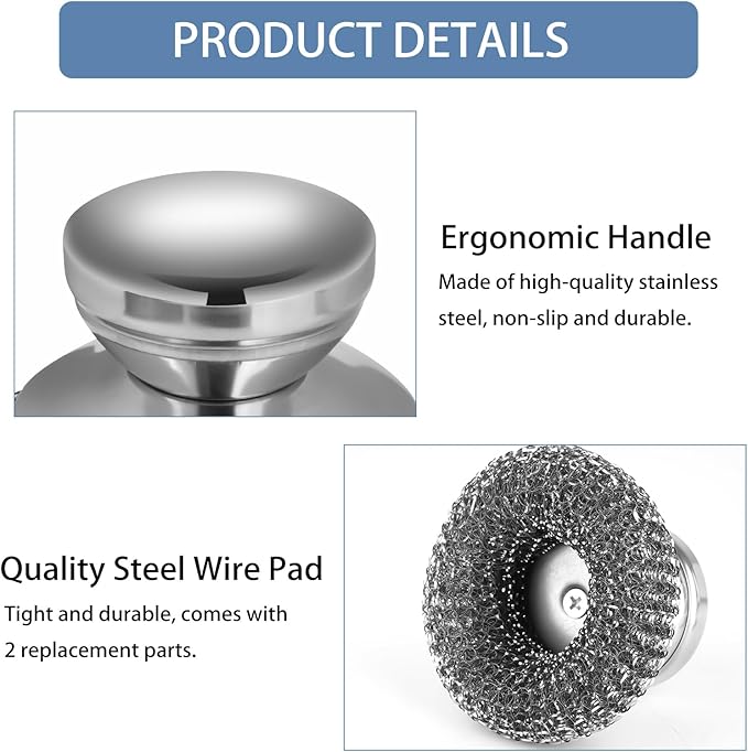 Onewly 2Pack Steel Wool Scrubber Set, Stainless Steel Scrubber with Stainless Steel Handle, for Cleaning Dishes, Cast Iron, Stock Pots, Pans, Griddles, Grills