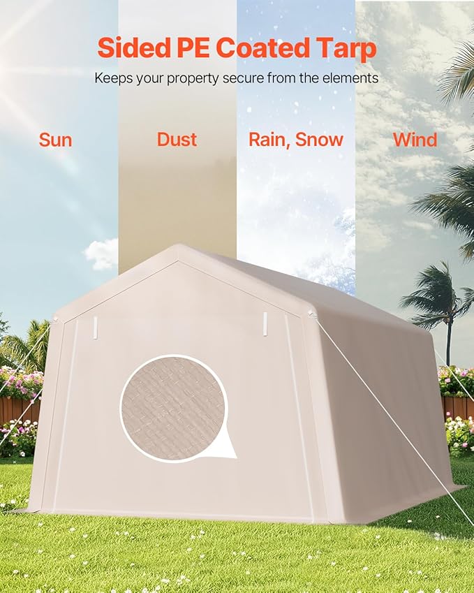 VEVOR 10 × 15 ft Outdoor Storage Shed Tent with Heavy-Duty Steel Frame, 2 Roll-Up Doors & Air Vents, Waterproof Portable Garage Carport Shelter for Motorcycle, Lawn Mower, Garden Tools – Beige