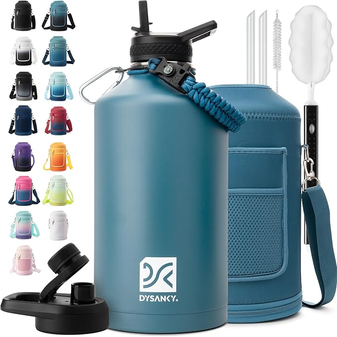 1 Gallon Water Bottle Insulated | Thickened Stainless Steel Vacuum Metal Water Jug | Portable Sports Large for Gym and Hiking with Straw, Carrier Bag, Handle Strap | BPA-Free 128 oz