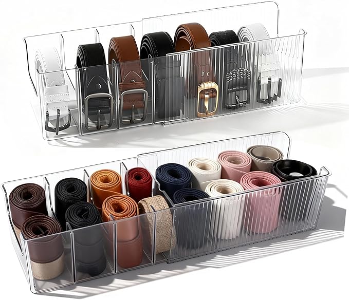 Belt Organizer,2-Piece Set with Transparent Belt Rack and Adjustable Divider for Storing Underwear,Socks,tie Drawers and wardrobes