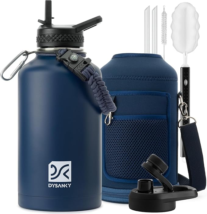 64 oz Insulated Water Bottle | Upgraded Thickened Stainless Steel Water Jug for Gym and Hiking with Straw, Carrier Bag, Handle Strap | BPA-Free 64 oz
