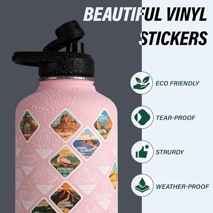 National Parks Water Bottle – 64 oz Insulated Stainless Steel Bottle with 63 Hand-Drawn Park Stickers, Carrier Bag, Strap & Gift Box – BPA-Free – Ideal for Hiking, Camping & Travel