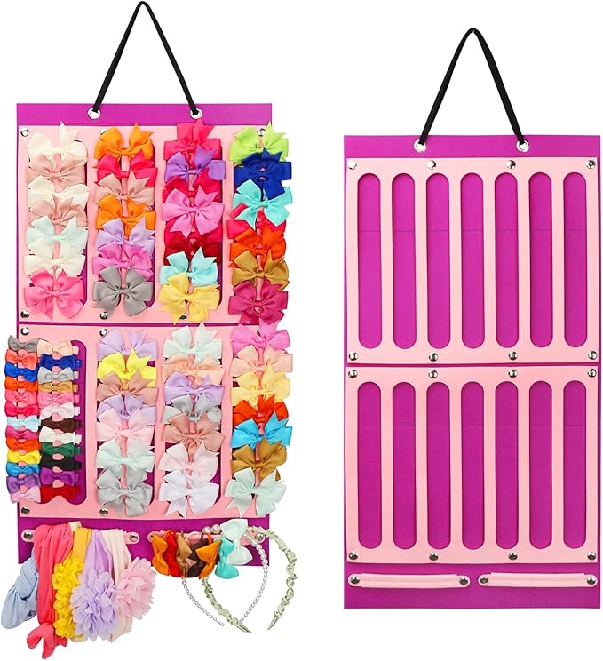 Vimiv Hair Bows Holder & Organizer w/Large Capacity, 16 Ribbons, Bows Organizer, Baby Hair Accessory Storage Display w/Sturdy Rope, Wall Hanging for Girl Room-Purple