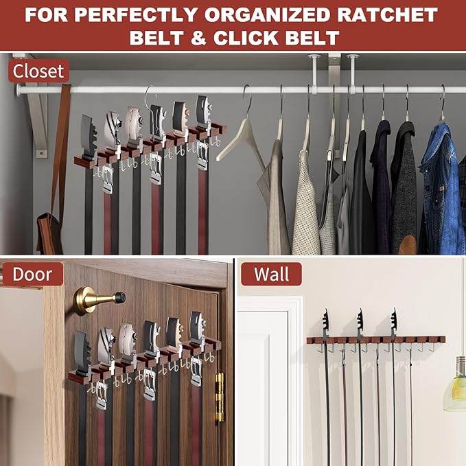 Belt Hanger for Closet Max 42 Belts, 2-in-1 Wall Mount Belt Organizer with 360° Rotating Hooks, Wooden Tie and Belt Rack for Closet Accessories Organizers and Storage, Walnut Wood