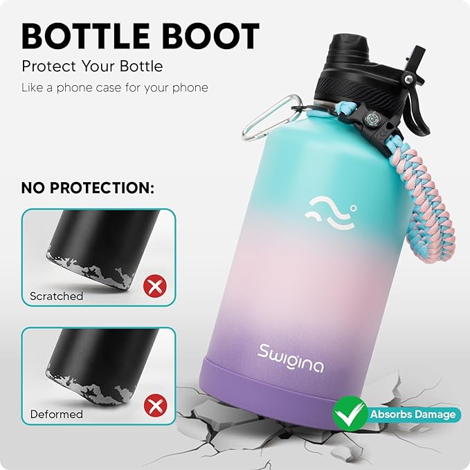 [2-IN-1 LID] 64 oz Insulated Water Bottle with Silicone Boot (48hrs Cold/24hrs Hot) - DIY Stickers, Leakproof, BPA Free, Half Gallon