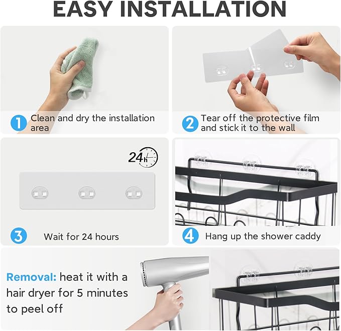 20 Pack Shower Caddy Adhesive Replacement, Transparent Strong Adhesive Hooks, No Drilling, Waterproof Wall Hooks for Shower Caddy, Bathroom Storage Shelves and Kitchen Racks