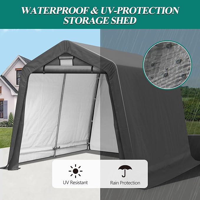GARTOO 8' x 8' Outdoor Storage Shelter Shed- Heavy Duty Storage Tent with Roll-up Ventilated Windows, Portable Garage Zipper Storage shed for Bike, ATV, Motorcycle Shelter, Gray