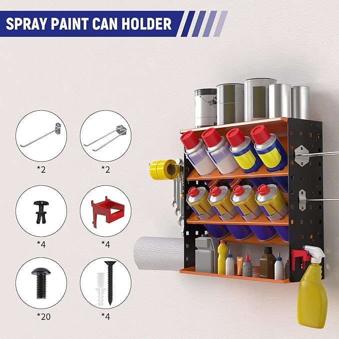 Wall Mount Spray Can Holder, Aerosol Spray Bottle Holder Storage Rack, Heavy-Duty Paint Bottle Organizer with 8 Can Holes & 4 Steel Hooks, 4 Plastic Hooks for Garage, Shop, Home or Tool Trailer