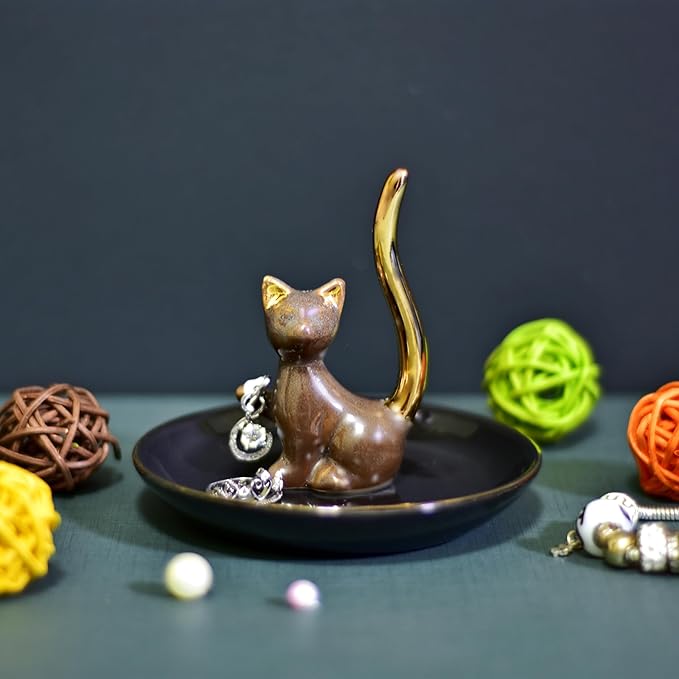 Brown Glazed Plated Gold Ceramic Elegant Engagement Wedding Cat Ring Trinket Dish