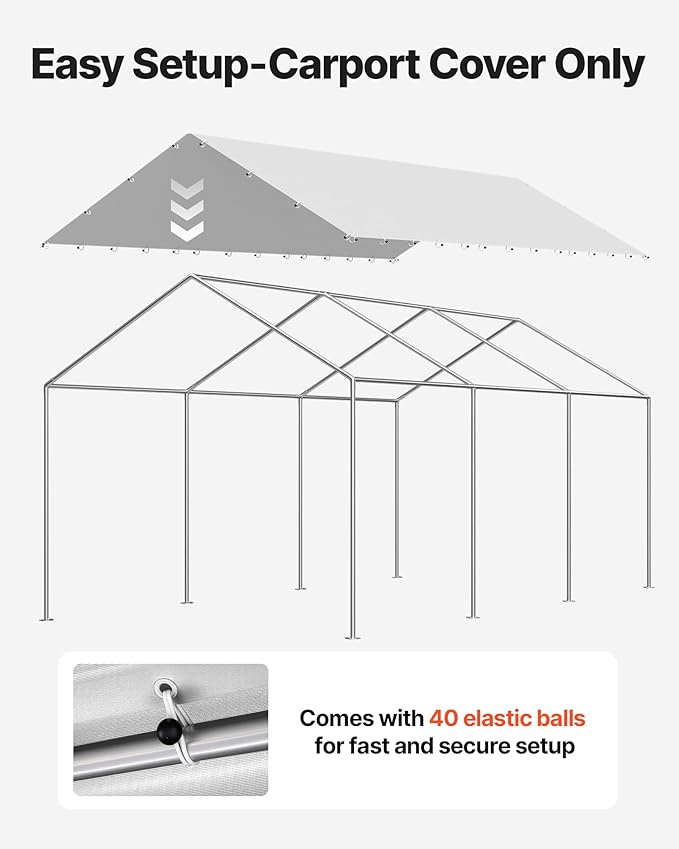 VEVOR Carport Replacement Canopy Cover, 10 x 20 ft Potable Garage Tent Top Tarp, UV-Resistant & Waterproof Car Shelter Tarp, Heavy Duty Car Port Cover with Ball Buggees, Grey, Frame Not Included